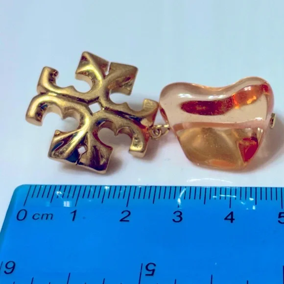 Tory Burch ROXANNE gold logo + orange ice cube drop & dangle statement earrings - Picture 9 of 12